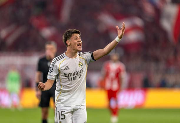 15 04 2026, Football UEFA Champions League 2025 2026 quarter-final second leg, FC Bayern Munich Real Madrid, in the Allianz Arena Munich, Arda Güler Real Madrid in rage