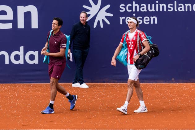MUNICH, GERMANY - APRIL 16: Marcel Melo (BRA) Alexander Zverev (GER) wearing a FC Bayern Muenchen jersey during the BMW Open by Bitpanda Doubles match between Marcel Melo (BRA) Alexander Zverev (GER) vs Sadio Doumbia (FRA) Fabien Reboul (FRA) at MTTC Iphitos on April 16, 2026 in Munich, Germany. Bavaria Germany Copyright: xSteffiexWunderlx