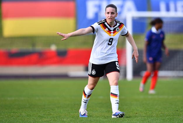 Soccer UEFA U19 Juniors European Championship Qualification Germany France on 16 04 2026 at Stadion Uhlenkrug in Essen Leonie Köpp Germany DFB regulations prohibit any use of photographs as image sequences and or quasi video Nordrhein Westfalen Germany