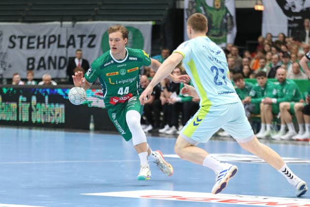 Handball DAIKIN HBL, SC DHfK Leipzig VfL Gummersbach 16 04 2026 Blaer Hinriksson 44, SC DHfK Leipzig Handball, DAIKIN HBL, 1 Bundesliga, Season 2025 2026, 21 Matchday Catch-up SC DHfK Leipzig vs VfL Gummersbach on 16 04 2026 at Quarterback Immobilien Arena Leipzig Copyright: xBEAUTIFULxSPORTS JanxKaeferx
