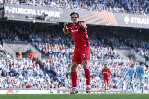 Spain, football, UEFA Europa League, quarter-final, second leg, 2025 2026, RC Celta de Vigo vs SC Freiburg, 16 04 2026, Estadio Balaidos, Vigo, Igor Matanovic SC Freiburg, 31 goal celebration, emotions, goal shot, goal finish, goal success, goal, goal Vigo Estadio Balaidos Galicia, Pontevedra Spain Copyright: xArnexAmbergx