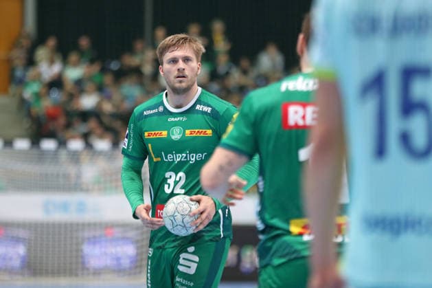 Handball DAIKIN HBL, SC DHfK Leipzig VfL Gummersbach 16 04 2026 Franz Semper 32, SC DHfK Leipzig Handball, DAIKIN HBL, 1 Bundesliga, Season 2025 2026, 21 Matchday Catch-up SC DHfK Leipzig vs VfL Gummersbach on 16 04 2026 at Quarterback Immobilien Arena Leipzig Copyright: xBEAUTIFULxSPORTS JanxKaeferx