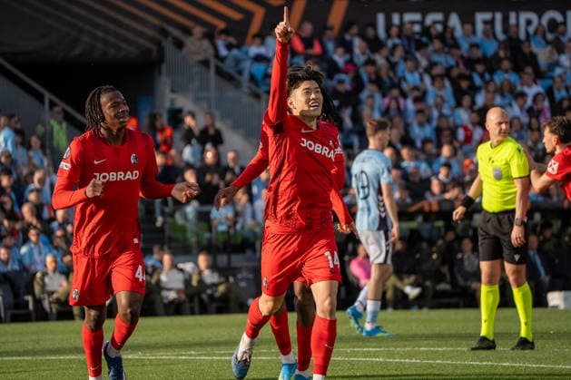 Yuito Suzuki celebrating seen during UEFA Europa League quarterfinal game between teams of RC Celta de Vigo and SC Freiburg at Estadio de Balaidos (Marta Lopez Ball Raw Images PT) Vigo Estadio de Balaidos Spain Copyright: xMartaxLopezx ML_CELvSB-21