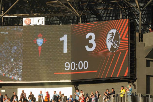 Spain, Football, UEFA Europa League, quarter-final, second leg, 2025 2026, RC Celta de Vigo vs SC Freiburg, 16 04 2026, Estadio Balaidos, Vigo, Final result, Videowall Vigo Estadio Balaidos Galicia, Pontevedra Spain Copyright: xArnexAmbergx