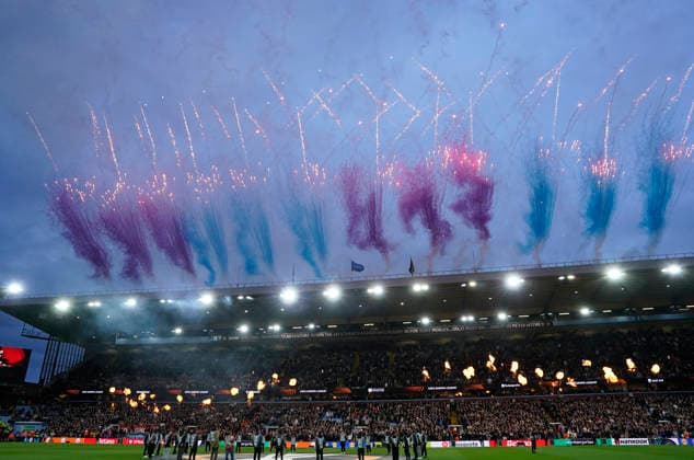 Birmingham, England, 16th April 2026. General view of fireworks before the Aston Villa vs Bologna UEFA Europa League quarter final 2nd leg match at Villa Park, Birmingham. Picture credit should read: Andrew Yates Sportimage EDITORIAL USE ONLY. No use with unauthorised audio, video, data, fixture lists, club league logos or live services. Online in-match use limited to 120 images, no video emulation. No use in betting, games or single club league player publications. SPI_024_AY_Villa_Bologna SPI-4689-0021