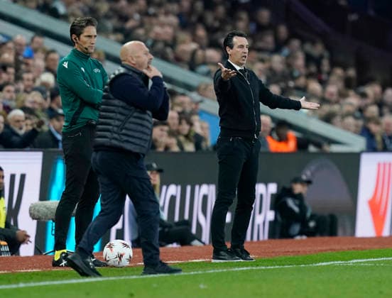 Birmingham, England, 16th April 2026. Unai Emery head coach of Aston Villa (r) during the Aston Villa vs Bologna UEFA Europa League quarter final 2nd leg match at Villa Park, Birmingham. Picture credit should read: Andrew Yates Sportimage EDITORIAL USE ONLY. No use with unauthorised audio, video, data, fixture lists, club league logos or live services. Online in-match use limited to 120 images, no video emulation. No use in betting, games or single club league player publications. SPI_025_AY_Villa_Bologna SPI-4689-0026