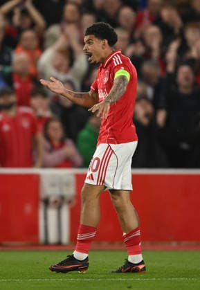 Nottingham, England, 16th April 2026. Morgan Gibbs White of Nottingham Forest turns to celebrate scoring their first goal during the Nottingham Forest vs FC Porto UEFA Europa League quarter final 2nd leg match at the City Ground, Nottingham. Picture credit should read: Harriet Massey Sportimage EDITORIAL USE ONLY. No use with unauthorised audio, video, data, fixture lists, club league logos or live services. Online in-match use limited to 120 images, no video emulation. No use in betting, games or single club league player publications. SPI_033_FOREST_V_PORTO SPI-4690-0036
