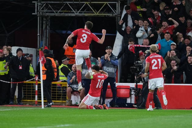 NOTTINGHAM, ENGLAND - APRIL 16: Morgan Gibbs-White of Nottingham Forest celebrates his goal during the UEFA Europa league quarter final football match between Nottingham Forest and FC Porto at City Ground on April 16, 2026 in Nottingham, England Copyright: xPaulxBonserx xSportsxPressxPhotox Sportspressphoto_SPR130865