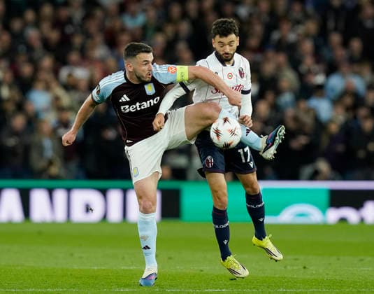 Birmingham, England, 16th April 2026. John McGinn of Aston Villa and Bologna s Joao Mario during the Aston Villa vs Bologna UEFA Europa League quarter final 2nd leg match at Villa Park, Birmingham. Picture credit should read: Andrew Yates Sportimage EDITORIAL USE ONLY. No use with unauthorised audio, video, data, fixture lists, club league logos or live services. Online in-match use limited to 120 images, no video emulation. No use in betting, games or single club league player publications. SPI_031_AY_Villa_Bologna SPI-4689-0030