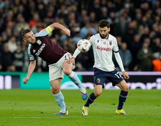 Birmingham, England, 16th April 2026. John McGinn of Aston Villa and Bologna s Joao Mario during the Aston Villa vs Bologna UEFA Europa League quarter final 2nd leg match at Villa Park, Birmingham. Picture credit should read: Andrew Yates Sportimage EDITORIAL USE ONLY. No use with unauthorised audio, video, data, fixture lists, club league logos or live services. Online in-match use limited to 120 images, no video emulation. No use in betting, games or single club league player publications. SPI_032_AY_Villa_Bologna SPI-4689-0031