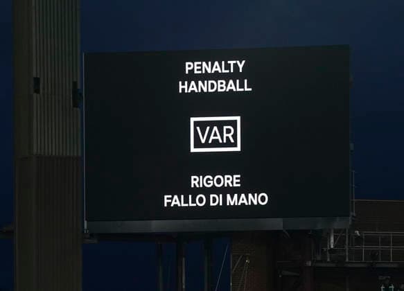 Birmingham, England, 16th April 2026. VAR message on the big screen following.a review during the Aston Villa vs Bologna UEFA Europa League quarter final 2nd leg match at Villa Park, Birmingham. Picture credit should read: Andrew Yates Sportimage EDITORIAL USE ONLY. No use with unauthorised audio, video, data, fixture lists, club league logos or live services. Online in-match use limited to 120 images, no video emulation. No use in betting, games or single club league player publications. SPI_034_AY_Villa_Bologna SPI-4689-0034