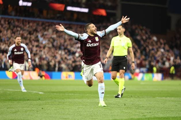 Emi Buendia of Aston Villa celebrates a goal 2-0. Aston Villa v Bologna, UEFA Europa League, Quarter Final, Second Leg, Football, Villa Park, Birmingham, UK - 16 Apr 2026Birmingham Villa Park United Kingdom EDITORIAL USE ONLY No use with unauthorised audio, video, data, fixture lists, club league logos or live services. Online in-match use limited to 120 images, no video emulation. No use in betting, games or single club league player publications. Copyright: xRyanxBrowne Shutterstockx 16828672be