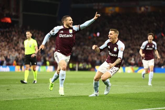 Emi Buendia of Aston Villa celebrates a goal 2-0. Aston Villa v Bologna, UEFA Europa League, Quarter Final, Second Leg, Football, Villa Park, Birmingham, UK - 16 Apr 2026Birmingham Villa Park United Kingdom EDITORIAL USE ONLY No use with unauthorised audio, video, data, fixture lists, club league logos or live services. Online in-match use limited to 120 images, no video emulation. No use in betting, games or single club league player publications. Copyright: xRyanxBrowne Shutterstockx 16828672bg