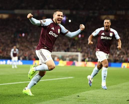 Emi Buendia of Aston Villa celebrates a goal 2-0. Aston Villa v Bologna, UEFA Europa League, Quarter Final, Second Leg, Football, Villa Park, Birmingham, UK - 16 Apr 2026Birmingham Villa Park United Kingdom EDITORIAL USE ONLY No use with unauthorised audio, video, data, fixture lists, club league logos or live services. Online in-match use limited to 120 images, no video emulation. No use in betting, games or single club league player publications. Copyright: xRyanxBrowne Shutterstockx 16828672bm