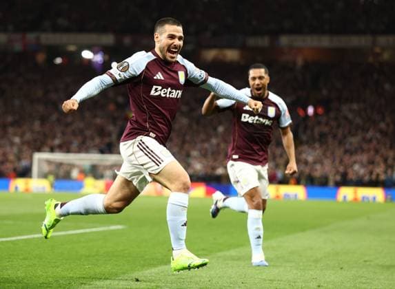 Emi Buendia of Aston Villa celebrates a goal 2-0. Aston Villa v Bologna, UEFA Europa League, Quarter Final, Second Leg, Football, Villa Park, Birmingham, UK - 16 Apr 2026Birmingham Villa Park United Kingdom EDITORIAL USE ONLY No use with unauthorised audio, video, data, fixture lists, club league logos or live services. Online in-match use limited to 120 images, no video emulation. No use in betting, games or single club league player publications. Copyright: xRyanxBrowne Shutterstockx 16828672bn