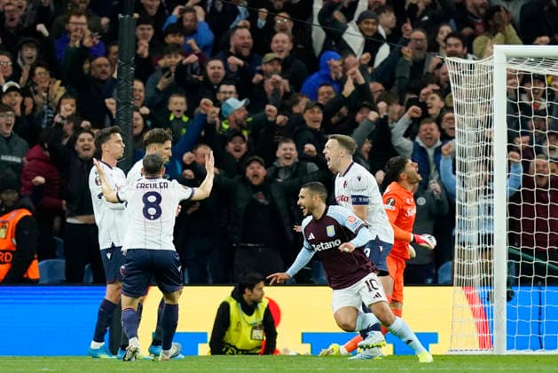 Birmingham, England, 16th April 2026. Emiliano Buendia of Aston Villa turns away to celebrate scoring their second goal during the Aston Villa vs Bologna UEFA Europa League quarter final 2nd leg match at Villa Park, Birmingham. Picture credit should read: Andrew Yates Sportimage EDITORIAL USE ONLY. No use with unauthorised audio, video, data, fixture lists, club league logos or live services. Online in-match use limited to 120 images, no video emulation. No use in betting, games or single club league player publications. SPI_040_AY_Villa_Bologna SPI-4689-0039