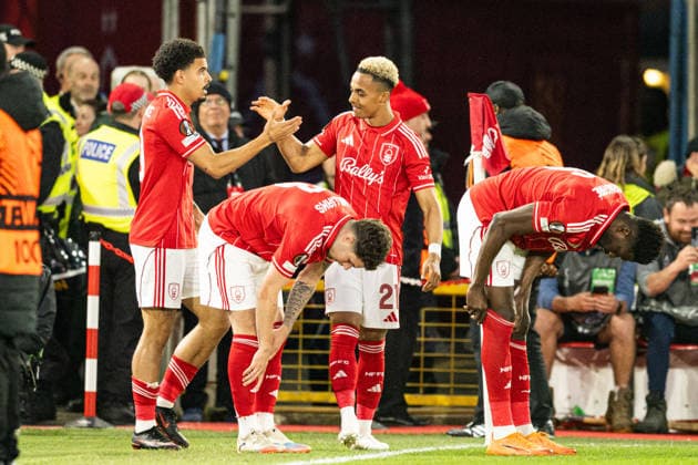 RECORD DATE NOT STATED 16th April 2026; The City Ground, Nottingham, England; UEFA Europa League Football, Nottingham Forest versus Porto; Morgan Gibbs-White of Nottingham Forest celebrates with his team after scoring in the 12th minute to make the score 1-0 and 2-1 on aggregate GodfreyxPitt