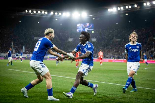 FOOTBALL : Racing de Strasbourg - FSV Mainz 05 - UEFA Conference League - Stade de la Meina - 16 04 2026 Joie des joueurs de l equipe de Racing de Strasbourg apres le but de Abdoul Ouattara 42 but  Copyright: xElyxandroxCEGARRAx