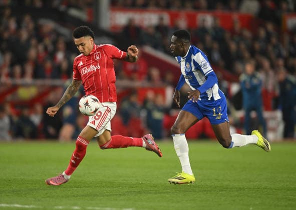 Nottingham, England, 16th April 2026. Igor Jesus of Nottingham Forest and Zaidu Sanusi of FC Porto during the Nottingham Forest vs FC Porto UEFA Europa League quarter final 2nd leg match at the City Ground, Nottingham. Picture credit should read: Harriet Massey Sportimage EDITORIAL USE ONLY. No use with unauthorised audio, video, data, fixture lists, club league logos or live services. Online in-match use limited to 120 images, no video emulation. No use in betting, games or single club league player publications. SPI_039_FOREST_V_PORTO SPI-4690-0043