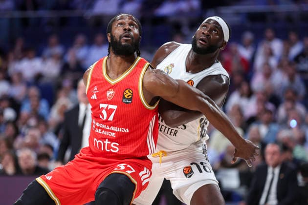 April 16, 2026, Madrid, Madrid, Spain: Semi Ojeleye of Crvena Zvezda and Usman Garuba of Real Madrid in action during the Turkish Airlines EuroLeague Regular Season Round 38 match between Real Madrid and Crvena Zvezda Meridianbet Belgrade at Movistar Arena on April 16, 2026, in Madrid, Spain. Real Madrid V Crvena Zvezda Meridianbet Belgrade - Turkish Airlines EuroLeague  - ZUMAa181 20260416_zaa_a181_273 Copyright: xIrinaxR.xHipolitox