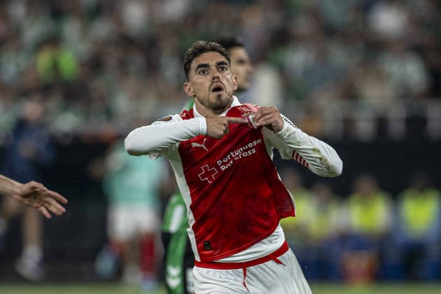Ricardo Horta of SC Braga celebrates after scoring teams third goal during the UEFA Europa League match between Real Betis Balompie vs SC Braga at Estadio La Cartuja on April 16th,2026 (Photo by Joao Bravo Sports Press Photo) Copyright: xJoaoxBravo SportsxPressxPhotox Sportspressphoto_SPR130991