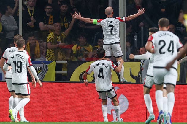 AEK Athens v Rayo Vallecano UEFA Europa Conference League Isi Palazón of Rayo Vallecano celebrates scoring a goal during the UEFA Europa Conference League Quarter-final Second Leg match at Allwyn Arena, Athens 16 04 2026 UK Newspapers OUT Copyright: xYannisxHalasx FIL-23287-0053