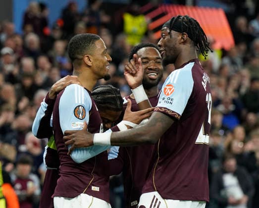 Birmingham, England, 16th April 2026. Ezri Konsa of Aston Villa scores their fourth on the night during the Aston Villa vs Bologna UEFA Europa League quarter final 2nd leg match at Villa Park, Birmingham. Picture credit should read: Andrew Yates Sportimage EDITORIAL USE ONLY. No use with unauthorised audio, video, data, fixture lists, club league logos or live services. Online in-match use limited to 120 images, no video emulation. No use in betting, games or single club league player publications. SPI_054_AY_Villa_Bologna SPI-4689-0054