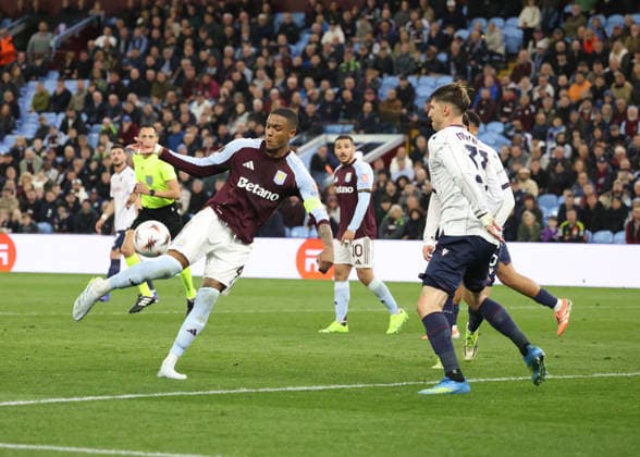 Ezri Konsa Ngoyo (AV) scores the fourth Villa goal (4-0) at the Aston Villa v Bologna UEFA Europa League match, at Villa Park, Birmingham, UK on 16th April, 2026. 