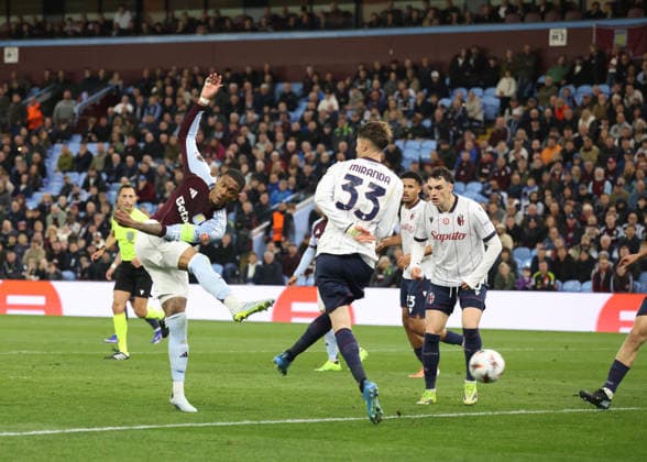 Ezri Konsa Ngoyo (AV) scores the fourth Villa goal (4-0) at the Aston Villa v Bologna UEFA Europa League match, at Villa Park, Birmingham, UK on 16th April, 2026. 