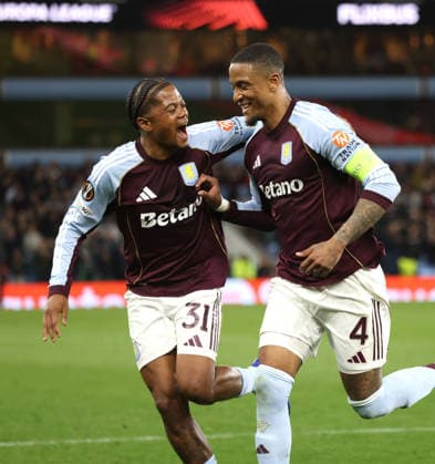 Ezri Konsa Ngoyo (AV) celebrates scoring the fourth Villa goal with Leon Bailey (AV) (4-0) at the Aston Villa v Bologna UEFA Europa League match, at Villa Park, Birmingham, UK on 16th April, 2026. 