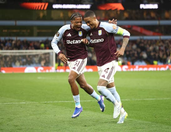 Ezri Konsa Ngoyo (AV) celebrates scoring the fourth Villa goal with Leon Bailey (AV) (4-0) at the Aston Villa v Bologna UEFA Europa League match, at Villa Park, Birmingham, UK on 16th April, 2026. 