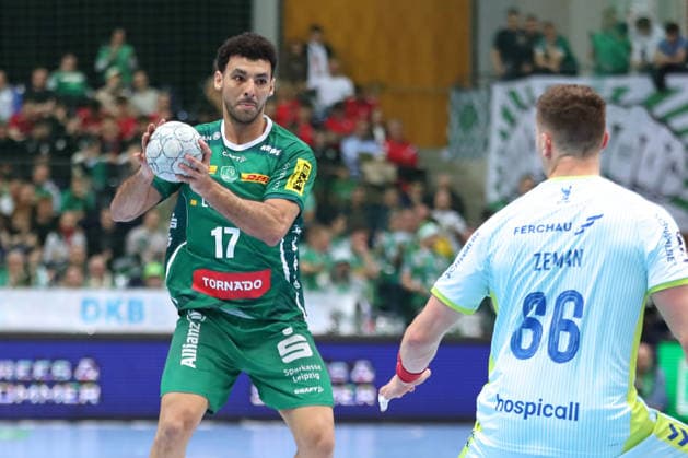 Handball DAIKIN HBL, SC DHfK Leipzig VfL Gummersbach 16 04 2026 Ahmed Khairi 17, SC DHfK Leipzig Handball, DAIKIN HBL, 1 Bundesliga, Season 2025 2026, 21 Matchday Catch-up SC DHfK Leipzig vs VfL Gummersbach on 16 04 2026 at Quarterback Immobilien Arena Leipzig Copyright: xBEAUTIFULxSPORTS JanxKaeferx