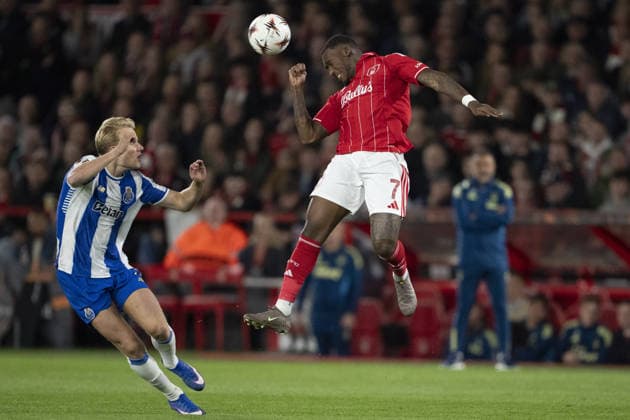 NOTTINGHAM, ENGLAND - APRIL 16: Callum Hudson-Odoi of Nottingham Forest heads the ball during a UEFA Europa League match between Nottingham Forest and Porto at City Ground on April 16, 2026 in Nottingham, England. (Photo by Pedro Loureiro Sports Press Photo) Copyright: xPedroxLoureiro SportsxPressxPhotox Sportspressphoto_SPR131013