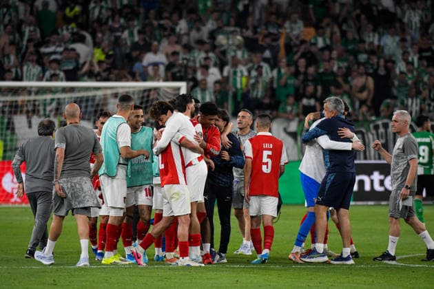 Real Betis Balompie v SC Braga - UEFA Europa League SEVILLA, SPAIN - APRIL 16: Players of SC Braga reaction after win the UEFA Europa League 2025 26 Quarter-Final match between SC Braga and Real Betis Balompie at Estadio Estadio La Cartuja on April 16, 2026 in Sevilla, Spain (Photo by Samuel Carreno) Sevilla Sevilla Andalucia Spain Copyright: xSamuelxCarrenox 000_2790