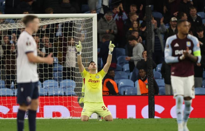 Emiliano Martinez (AV) celebrates victory at the Aston Villa v Bologna UEFA Europa League match, at Villa Park, Birmingham, UK on 16th April, 2026. 