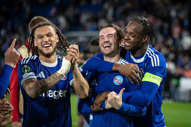 FOOTBALL : Racing de Strasbourg - FSV Mainz 05 - UEFA Conference League - Stade de la Meina - 16 04 2026 Ben Chilwell 3 Emanuel Emegha 10  Copyright: xElyxandroxCEGARRAx