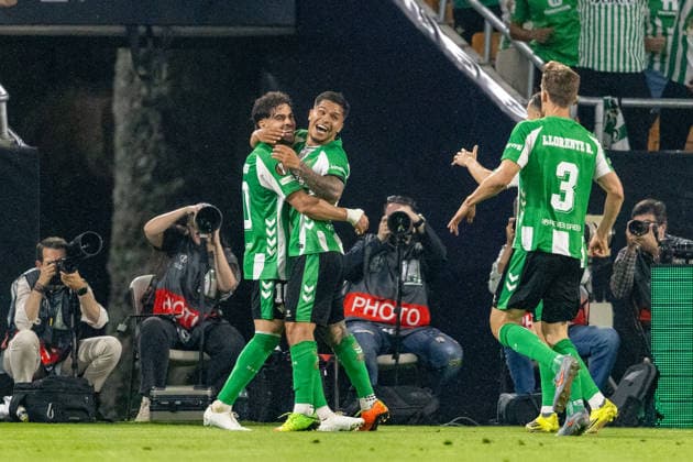 Abde Ezzalzouli (10) celebrating with Cucho Hernandez (19) seen during UEFA Europa League quarterfinal game between teams of Real Betis Balompie and SC Braga (Maciej Rogowski Ball Raw Images) Sevilla Estadio La Cartuja Spain Copyright: xMaciejxRogowskix ROG_RBvBRA-50