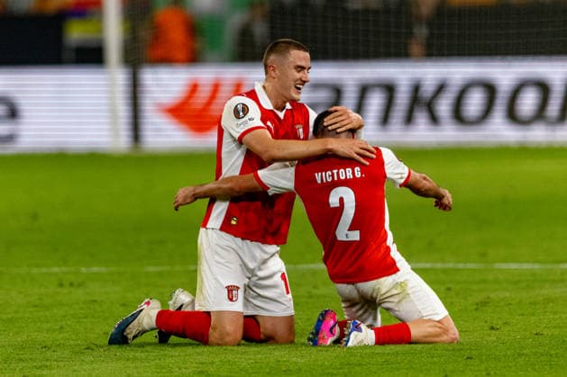 Victor Gomez (2) and Gustaf Lagerbielke (14) seen during UEFA Europa League quarterfinal game between teams of Real Betis Balompie and SC Braga (Maciej Rogowski Ball Raw Images) Sevilla Estadio La Cartuja Spain Copyright: xMaciejxRogowskix ROG_RBvBRA-33