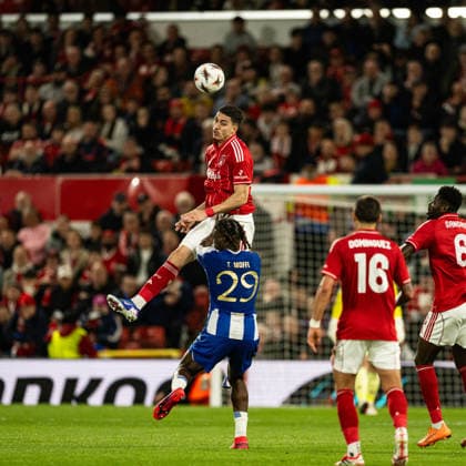 RECORD DATE NOT STATED 16th April 2026; The City Ground, Nottingham, England; UEFA Europa League Football, Nottingham Forest versus Porto; Jair Cunha of Nottingham Forest wins a header against Terem Moffi of FC Porto GodfreyxPitt