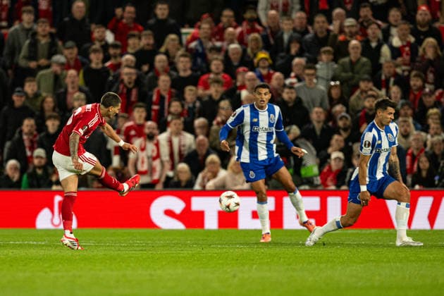 RECORD DATE NOT STATED 16th April 2026; The City Ground, Nottingham, England; UEFA Europa League Football, Nottingham Forest versus Porto; Nicolas Dominguez of Nottingham Forest shoots at goal GodfreyxPitt