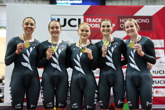 UCI Track World Cup: Hong Kong Picture by Alex Whitehead SWpix.com - 17 04 2026 - Cycling - UCI Track World Cup: Hong Kong - Hong Kong Velodrome, Tseung Kwan O, Hong Kong, China - Women™s Team Pursuit- Podium - Bryony Botha (New Zealand), Prudence Fowler (New Zealand), Emily Shearman (New Zealand), Ally MarÃ e Wollaston (New Zealand), Samantha Donnelly (New Zealand) Hong Kong Hong Kong Velodrome Hong Kong SAR, CHINA Copyright: x xSWpix.comx(t axPhotographyxHubxLtd)xAlexxWhitehead SWpix.comx SWP-3030-12717