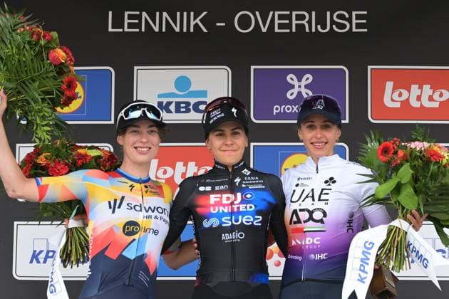 Belgian Mischa Bredewold of SD Worx-Protime, French Celia Gery of FDJ United-SUEZ and Italian Silvia Persico of UAE Team ADQ celebrate on the podium of the women s Brabantse Pijl one day cycling race, 125,7km from Lennik to Overijse on Friday 17 April 2026. DAVIDxPINTENS  x171110848x