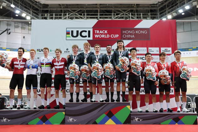 UCI Track World Cup: Hong Kong Picture by Alex Whitehead SWpix.com - 17 04 2026 - Cycling - UCI Track World Cup: Hong Kong - Hong Kong Velodrome, Tseung Kwan O, Hong Kong, China - Men™s Team Pursuit - Podium - Daniel Morton (New Zealand). Marshall Erwood (New Zealand), George Jackson (New Zealand), Nicholas Kergozou De La Boessiere (New Zealand), Keegan Hornblow (New Zealand) receiving the Gold Medal, Robin Skivild (Denmark), Frederik Madsen (Denmark), Thor Nielsen (Denmark), Oskar Winkler (Denmark) receiving the Silver Medal and Ni Li (China), Zhengyu Pei (China), Haijiao Sun (China), Junjie Wu (China) receiving the Bronze Medal Hong Kong Hong Kong Velodrome Hong Kong SAR, CHINA Copyright: x xSWpix.comx(t axPhotographyxHubxLtd)xAlexxWhitehead SWpix.comx SWP-3030-12723