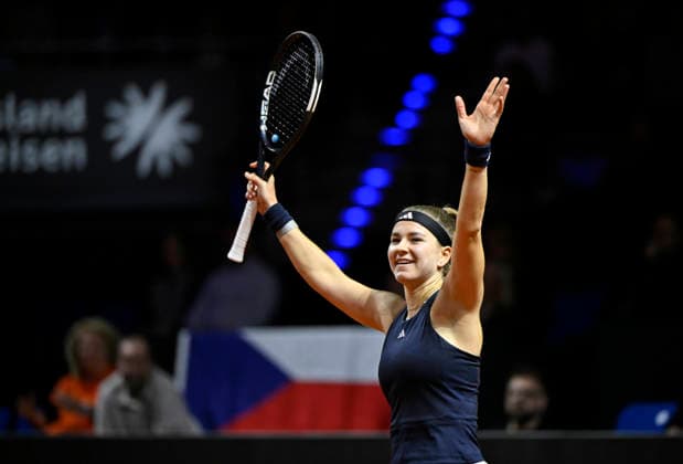 Karolina Muchova CZE Cheers Joy Emotion after winning the match Gesture Gesture Flag Czech Republic Tennis Womens Porsche Cup Porsche Tennis Grand Prix GP Stuttgart 2026 Porsche Arena 11 19 04 2026 DFL REGULATIONS PROHIBIT ANY USE OF PHOTOGRAPHS AS IMAGE SEQUENCES AND OR QUASI VIDEO Tennis Womens Porsche Cup Porsche Tennis Grand Prix GP Stuttgart 2026