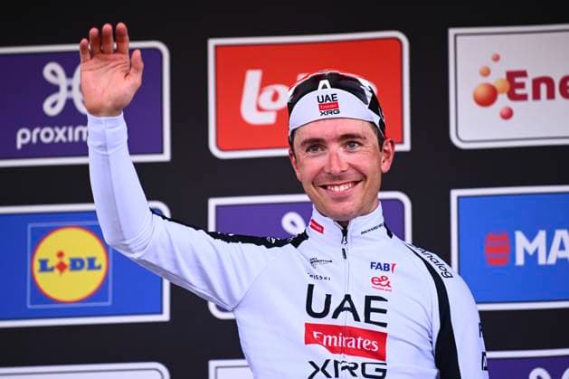 Brabantse Pijl - Fleche Brabanconne 2026 Cycling Race OVERIJSE, BELGIUM - APRIL 17 : Cosnefroy Benoit (FRA) of UAE Team Emirates - XRG pictured during the podium ceremony of the 66th edition of De Brabantse Pijl - La Fleche Brabanconne an UCI ProSeries 1.Pro one day cycling road race for Men Elite of 162 km with start in Beersel and finish in Overijse on April 17, 2026 in Overijse, Belgium, 17 04 2026 ( Motordriver Kenny Verfaillie - Overijse Belgium  Copyright: xGvgx
