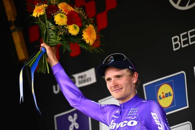 Brabantse Pijl - Fleche Brabanconne 2026 Cycling Race OVERIJSE, BELGIUM - APRIL 17 : Foldager Anders (DEN) of Team Jayco AlUla pictured during the podium ceremony of the 66th edition of De Brabantse Pijl - La Fleche Brabanconne an UCI ProSeries 1.Pro one day cycling road race for Men Elite of 162 km with start in Beersel and finish in Overijse on April 17, 2026 in Overijse, Belgium, 17 04 2026 ( Motordriver Kenny Verfaillie - Overijse Belgium  Copyright: xGvgx