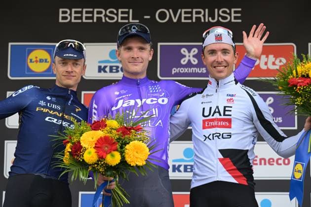 Belgian Quinten Hermans of Pinarello Q36.5 Pro Cycling Team, Danish Anders Foldager of Team Jayco-AIUIa and French Benoit Cosnefroy of UAE Team Emirates-XRG pictured on the podium after the men s Brabantse Pijl one day cycling race, 162,6km from Huizingen, Beersel to Overijse on Friday 17 April 2026. DAVIDxPINTENS  x171134296x