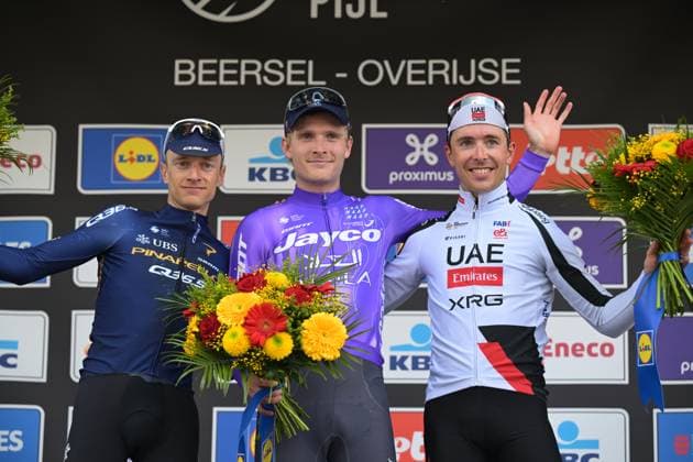 Belgian Quinten Hermans of Pinarello Q36.5 Pro Cycling Team, Danish Anders Foldager of Team Jayco-AIUIa and French Benoit Cosnefroy of UAE Team Emirates-XRG pictured on the podium after the men s Brabantse Pijl one day cycling race, 162,6km from Huizingen, Beersel to Overijse on Friday 17 April 2026. DAVIDxPINTENS  x171134302x
