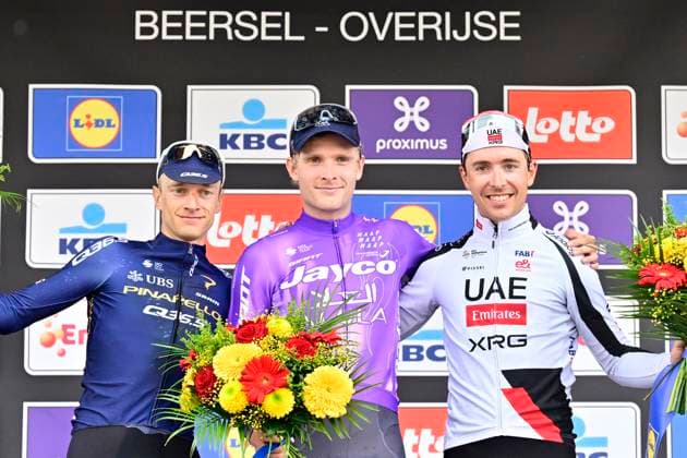 Brabantse Pijl - Fleche Brabanconne 2026 Cycling Race OVERIJSE, BELGIUM - APRIL 17 : Hermans Quinten (BEL) of Pinarello Q36.5 Pro Cycling Team, Foldager Anders (DEN) of Team Jayco AlUla and Cosnefroy Benoit (FRA) of UAE Team Emirates - XRG pictured during the podium ceremony of the 66th edition of De Brabantse Pijl - La Fleche Brabanconne an UCI ProSeries 1.Pro one day cycling road race for Men Elite of 162 km with start in Beersel and finish in Overijse on April 17, 2026 in Overijse, Belgium, 17 04 2026 ( Motordriver Kenny Verfaillie - Overijse Belgium  Copyright: xJanxDexMeuleneirx