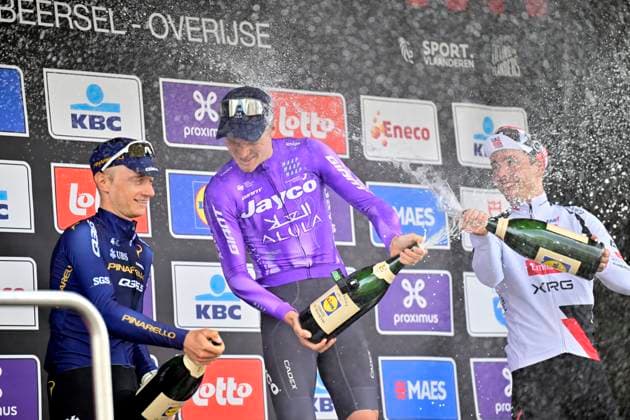 Brabantse Pijl - Fleche Brabanconne 2026 Cycling Race OVERIJSE, BELGIUM - APRIL 17 : Hermans Quinten (BEL) of Pinarello Q36.5 Pro Cycling Team, Foldager Anders (DEN) of Team Jayco AlUla and Cosnefroy Benoit (FRA) of UAE Team Emirates - XRG pictured during the podium ceremony of the 66th edition of De Brabantse Pijl - La Fleche Brabanconne an UCI ProSeries 1.Pro one day cycling road race for Men Elite of 162 km with start in Beersel and finish in Overijse on April 17, 2026 in Overijse, Belgium, 17 04 2026 ( Motordriver Kenny Verfaillie - Overijse Belgium  Copyright: xJanxDexMeuleneirx